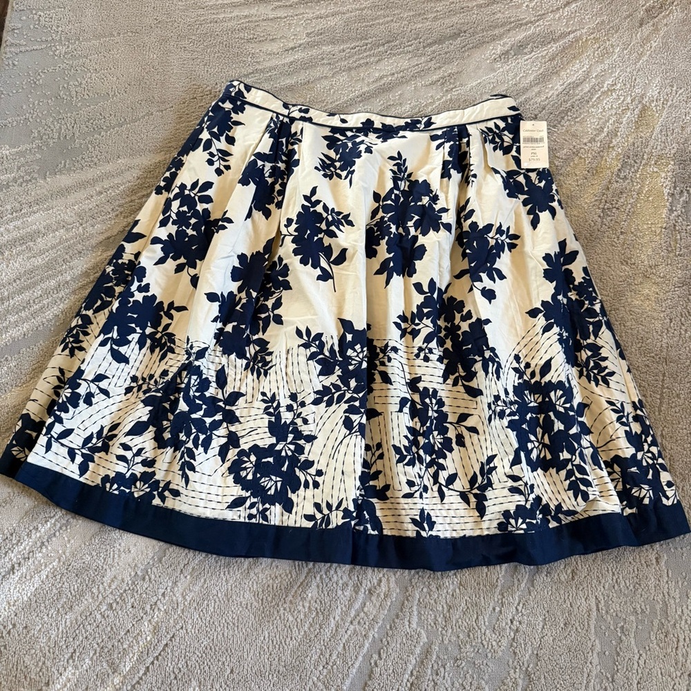 Coldwater Creek floral navy blue cream a line skirt classy knee length XL petite